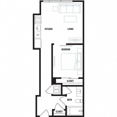 Floor plan for 1 bed, 1 bath, 492 sqft